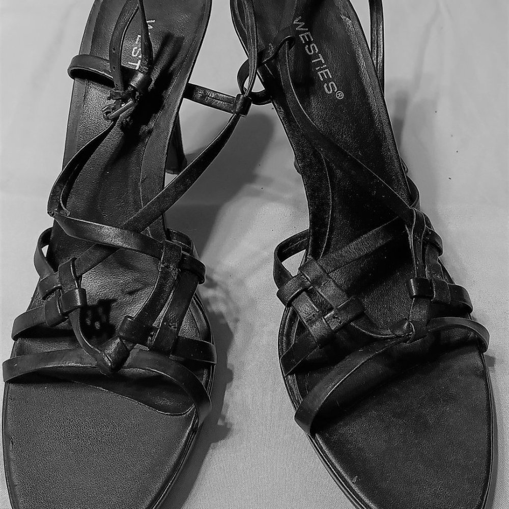 Perfect Condition Women's Shoes Strappy Black Leather Westies 3 1/2" Heel L-8"
